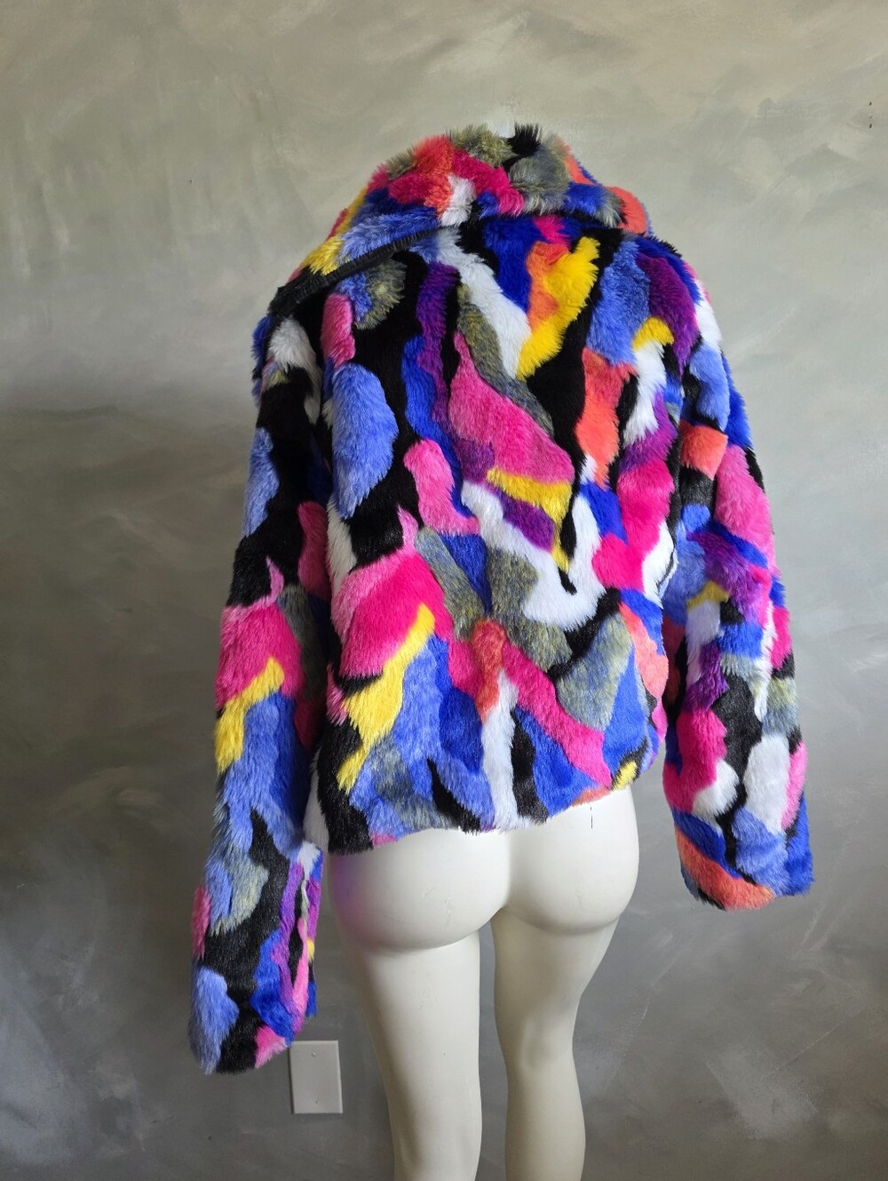 Multicolored Camo Pattern Faux Fur Wide Collar Open Front Crop Jacket S Women - Picture 6 of 11